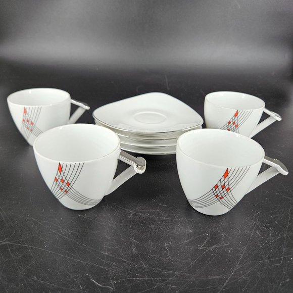 Atelier JM Lasov Delta Pyramid Czech Coffee Tea Mocha Cup Saucer Plate Set of 4 - Picture 11 of 12